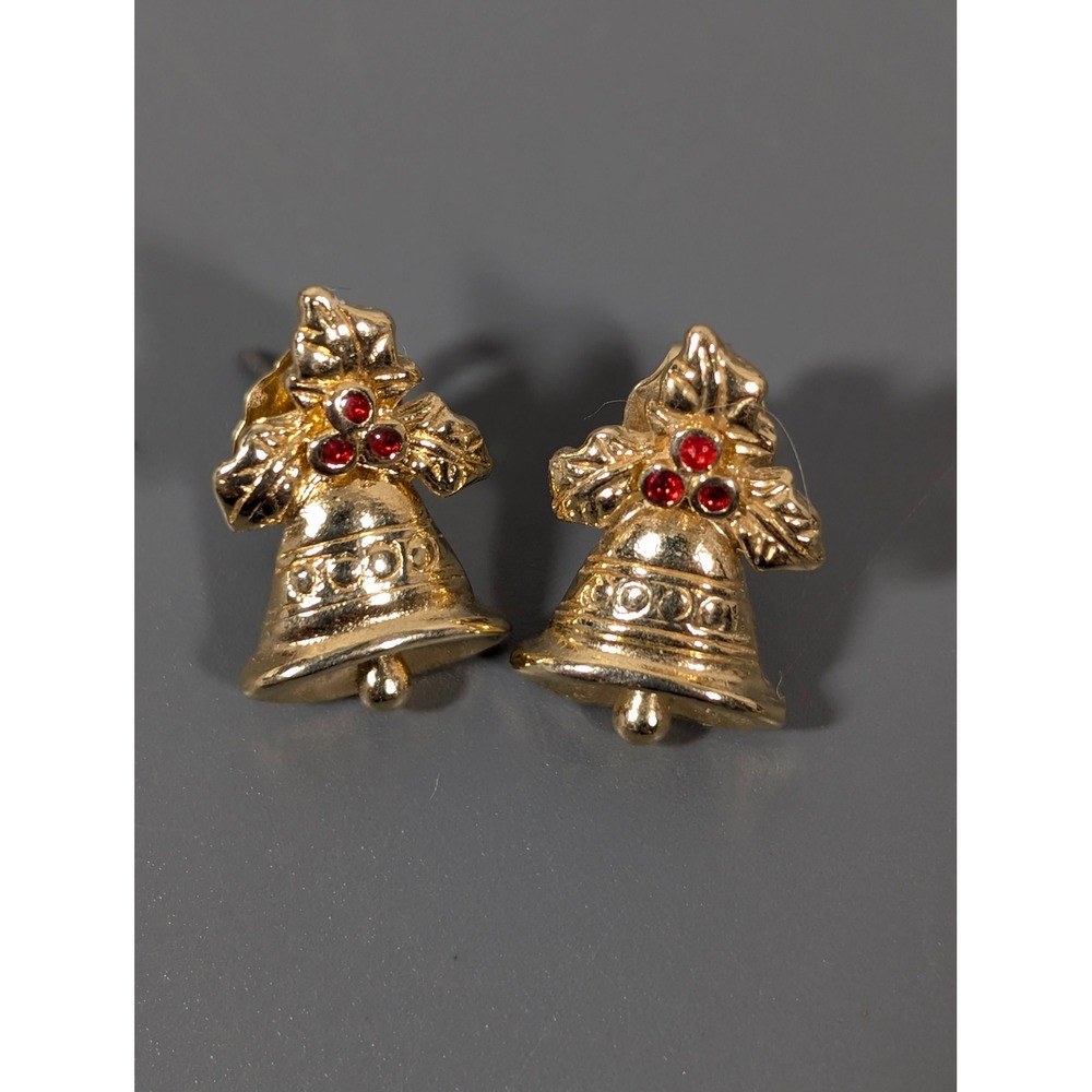 Vintage Avon Holly Jingle Bell Earrings Red Rhinestone‎ Christmas Stud